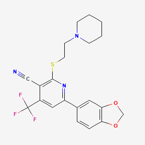 molecular formula C21H20F3N3O2S B2359678 6-(1,3-Benzodioxol-5-yl)-2-(2-piperidin-1-ylethylsulfanyl)-4-(trifluoromethyl)pyridine-3-carbonitrile CAS No. 625376-93-4