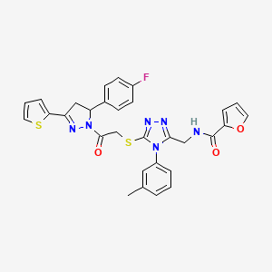 molecular formula C30H25FN6O3S2 B2359681 N-((5-((2-(5-(4-fluorophenyl)-3-(thiophen-2-yl)-4,5-dihydro-1H-pyrazol-1-yl)-2-oxoethyl)thio)-4-(m-tolyl)-4H-1,2,4-triazol-3-yl)methyl)furan-2-carboxamide CAS No. 362507-04-8