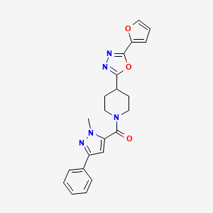 molecular formula C22H21N5O3 B2359712 (4-(5-(furan-2-yl)-1,3,4-oxadiazol-2-yl)piperidin-1-yl)(1-methyl-3-phenyl-1H-pyrazol-5-yl)methanone CAS No. 1209408-97-8