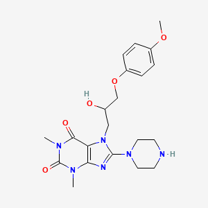 molecular formula C21H28N6O5 B2359742 7-(2-hydroxy-3-(4-methoxyphenoxy)propyl)-1,3-dimethyl-8-(piperazin-1-yl)-1H-purine-2,6(3H,7H)-dione CAS No. 333755-39-8