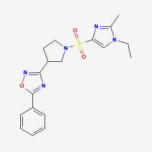 molecular formula C18H21N5O3S B2359763 3-(1-((1-ethyl-2-methyl-1H-imidazol-4-yl)sulfonyl)pyrrolidin-3-yl)-5-phenyl-1,2,4-oxadiazole CAS No. 2034285-97-5