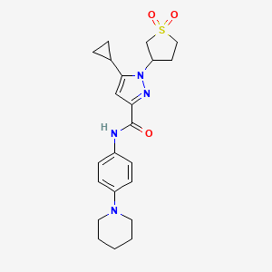 molecular formula C22H28N4O3S B2359770 5-环丙基-1-(1,1-二氧化四氢噻吩-3-基)-N-(4-(哌啶-1-基)苯基)-1H-吡唑-3-甲酰胺 CAS No. 1019096-30-0
