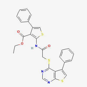 molecular formula C27H21N3O3S3 B2359778 Ethyl 4-phenyl-2-[[2-(5-phenylthieno[2,3-d]pyrimidin-4-yl)sulfanylacetyl]amino]thiophene-3-carboxylate CAS No. 315683-01-3