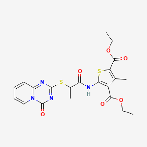 molecular formula C21H22N4O6S2 B2359814 3-甲基-5-(2-((4-氧代-4H-吡啶并[1,2-a][1,3,5]三嗪-2-基)硫代)丙酰胺)噻吩-2,4-二甲酸二乙酯 CAS No. 896329-57-0