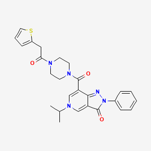 molecular formula C26H27N5O3S B2359912 5-isopropyl-2-phenyl-7-(4-(2-(thiophen-2-yl)acetyl)piperazine-1-carbonyl)-2H-pyrazolo[4,3-c]pyridin-3(5H)-one CAS No. 1105216-94-1