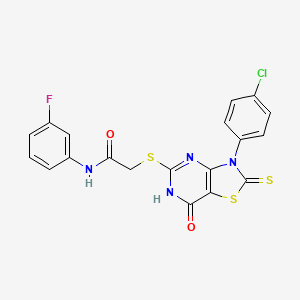 molecular formula C19H12ClFN4O2S3 B2359995 2-((3-(4-chlorophenyl)-7-oxo-2-thioxo-2,3,6,7-tetrahydrothiazolo[4,5-d]pyrimidin-5-yl)thio)-N-(3-fluorophenyl)acetamide CAS No. 932967-16-3