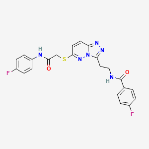 molecular formula C22H18F2N6O2S B2360053 4-氟-N-(2-(6-((2-((4-氟苯基)氨基)-2-氧代乙基)硫)-[1,2,4]三唑并[4,3-b]哒嗪-3-基)乙基)苯甲酰胺 CAS No. 897619-68-0