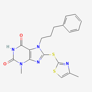 molecular formula C19H19N5O2S2 B2360091 3-methyl-8-((4-methylthiazol-2-yl)thio)-7-(3-phenylpropyl)-1H-purine-2,6(3H,7H)-dione CAS No. 868213-88-1