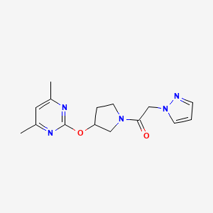 molecular formula C15H19N5O2 B2360112 1-(3-((4,6-二甲基嘧啶-2-基)氧基)吡咯烷-1-基)-2-(1H-吡唑-1-基)乙酮 CAS No. 2034475-53-9
