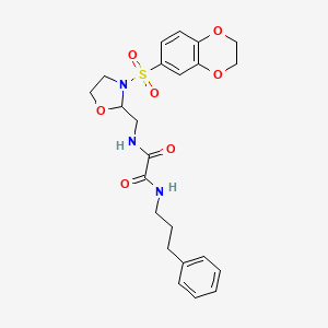 molecular formula C23H27N3O7S B2360148 N1-((3-((2,3-ジヒドロベンゾ[b][1,4]ジオキシン-6-イル)スルホニル)オキサゾリジン-2-イル)メチル)-N2-(3-フェニルプロピル)オキサラミド CAS No. 868982-37-0