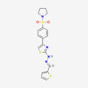 molecular formula C18H18N4O2S3 B2360237 (E)-4-(4-(pyrrolidin-1-ylsulfonyl)phenyl)-2-(2-(thiophen-2-ylmethylene)hydrazinyl)thiazole CAS No. 618063-95-9