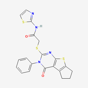 molecular formula C20H16N4O2S3 B2360238 2-((4-氧代-3-苯基-4,5,6,7-四氢-3H-环戊并[4,5]噻吩并[2,3-d]嘧啶-2-基)硫代)-N-(噻唑-2-基)乙酰胺 CAS No. 494826-17-4