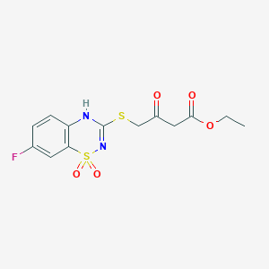 molecular formula C13H13FN2O5S2 B2360302 ethyl 4-((7-fluoro-1,1-dioxido-4H-benzo[e][1,2,4]thiadiazin-3-yl)thio)-3-oxobutanoate CAS No. 899977-25-4
