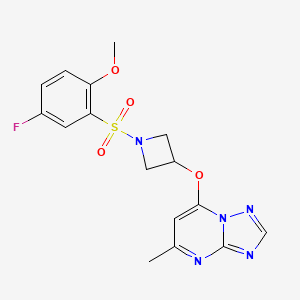 molecular formula C16H16FN5O4S B2360328 1-(5-氟-2-甲氧基苯磺酰基)-3-({5-甲基-[1,2,4]三唑并[1,5-a]嘧啶-7-基}氧基)氮杂环丁烷 CAS No. 2097872-73-4