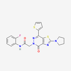 molecular formula C21H18FN5O2S2 B2360373 N-(2-氟苯基)-2-(4-氧代-2-(吡咯烷-1-基)-7-(噻吩-2-基)噻唑并[4,5-d]哒嗪-5(4H)-基)乙酰胺 CAS No. 1105218-47-0