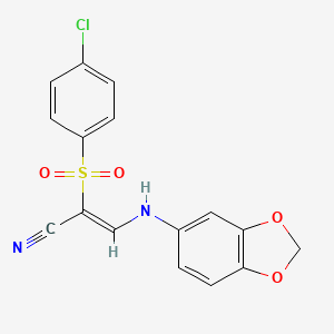 molecular formula C16H11ClN2O4S B2360382 (Z)-3-(benzo[d][1,3]dioxol-5-ylamino)-2-((4-chlorophenyl)sulfonyl)acrylonitrile CAS No. 885188-30-7