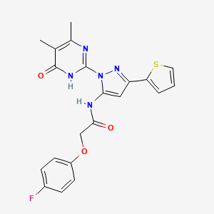 molecular formula C21H18FN5O3S B2360393 N-(1-(4,5-dimethyl-6-oxo-1,6-dihydropyrimidin-2-yl)-3-(thiophen-2-yl)-1H-pyrazol-5-yl)-2-(4-fluorophenoxy)acetamide CAS No. 1171372-72-7