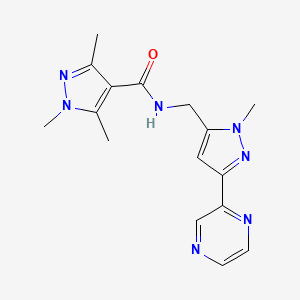 molecular formula C16H19N7O B2360441 1,3,5-trimethyl-N-((1-methyl-3-(pyrazin-2-yl)-1H-pyrazol-5-yl)methyl)-1H-pyrazole-4-carboxamide CAS No. 2034323-32-3