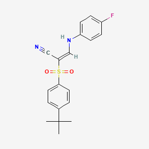 molecular formula C19H19FN2O2S B2360504 2-((4-(叔丁基)苯基)磺酰)-3-((4-氟苯基)氨基)丙-2-烯腈 CAS No. 1025124-23-5