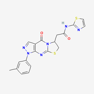 molecular formula C19H16N6O2S2 B2360541 2-(4-oxo-1-(m-tolyl)-1,4,6,7-tetrahydropyrazolo[3,4-d]thiazolo[3,2-a]pyrimidin-6-yl)-N-(thiazol-2-yl)acetamide CAS No. 952835-09-5