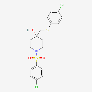 molecular formula C18H19Cl2NO3S2 B2360542 4-{[(4-Chlorophenyl)sulfanyl]methyl}-1-[(4-chlorophenyl)sulfonyl]-4-piperidinol CAS No. 478041-58-6