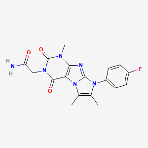 molecular formula C18H17FN6O3 B2360544 2-[6-(4-Fluorophenyl)-4,7,8-trimethyl-1,3-dioxopurino[7,8-a]imidazol-2-yl]acetamide CAS No. 876670-59-6