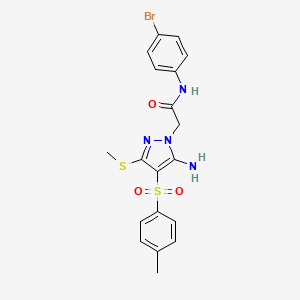 molecular formula C19H19BrN4O3S2 B2360578 2-(5-氨基-3-(甲硫代)-4-甲苯磺酰基-1H-吡唑-1-基)-N-(4-溴苯基)乙酰胺 CAS No. 895115-05-6