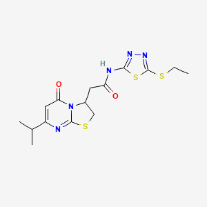 molecular formula C15H19N5O2S3 B2360600 N-(5-(ethylthio)-1,3,4-thiadiazol-2-yl)-2-(7-isopropyl-5-oxo-3,5-dihydro-2H-thiazolo[3,2-a]pyrimidin-3-yl)acetamide CAS No. 953212-45-8