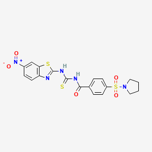 molecular formula C19H17N5O5S3 B2360612 N-((6-硝基苯并[d]噻唑-2-基)氨基羰基硫代)-4-(吡咯烷-1-基磺酰基)苯甲酰胺 CAS No. 477323-47-0