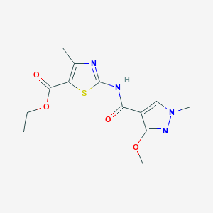 molecular formula C13H16N4O4S B2360681 ethyl 2-(3-methoxy-1-methyl-1H-pyrazole-4-carboxamido)-4-methylthiazole-5-carboxylate CAS No. 1207044-28-7