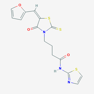 molecular formula C15H13N3O3S3 B2360686 4-[(5E)-5-(furan-2-ylmethylidene)-4-oxo-2-sulfanylidene-1,3-thiazolidin-3-yl]-N-(1,3-thiazol-2-yl)butanamide CAS No. 682764-18-7