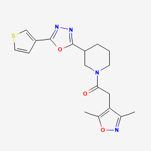 molecular formula C18H20N4O3S B2360742 2-(3,5-Dimethylisoxazol-4-yl)-1-(3-(5-(thiophen-3-yl)-1,3,4-oxadiazol-2-yl)piperidin-1-yl)ethanone CAS No. 1797125-41-7