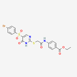 molecular formula C21H18BrN3O6S2 B2360790 Ethyl 4-{[({5-[(4-bromophenyl)sulfonyl]-6-oxo-1,6-dihydropyrimidin-2-yl}thio)acetyl]amino}benzoate CAS No. 893789-10-1