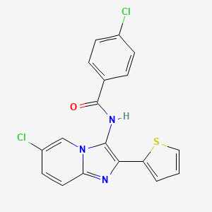 molecular formula C18H11Cl2N3OS B2360842 4-氯-N-[6-氯-2-(噻吩-2-基)咪唑并[1,2-a]吡啶-3-基]苯甲酰胺 CAS No. 374615-54-0