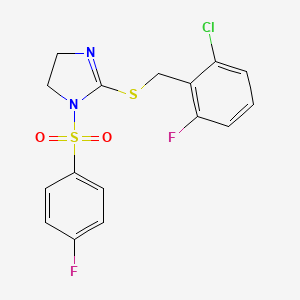 molecular formula C16H13ClF2N2O2S2 B2360866 2-[(2-氯-6-氟苯基)甲硫基]-1-(4-氟苯基)磺酰-4,5-二氢咪唑 CAS No. 868217-58-7