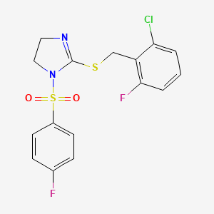 molecular formula C16H13ClF2N2O2S2 B2360866 2-[(2-Chloro-6-fluorophenyl)methylsulfanyl]-1-(4-fluorophenyl)sulfonyl-4,5-dihydroimidazole CAS No. 868217-58-7