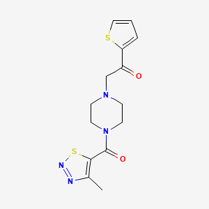 molecular formula C14H16N4O2S2 B2360886 2-(4-(4-Methyl-1,2,3-thiadiazole-5-carbonyl)piperazin-1-yl)-1-(thiophen-2-yl)ethanone CAS No. 1170213-54-3