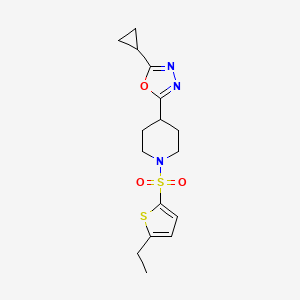 molecular formula C16H21N3O3S2 B2360890 2-Cyclopropyl-5-(1-((5-ethylthiophen-2-yl)sulfonyl)piperidin-4-yl)-1,3,4-oxadiazole CAS No. 1235232-91-3