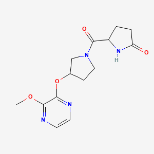 molecular formula C14H18N4O4 B2360905 5-(3-((3-Methoxypyrazin-2-yl)oxy)pyrrolidine-1-carbonyl)pyrrolidin-2-one CAS No. 2034201-21-1