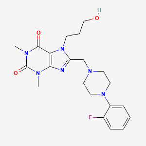 molecular formula C21H27FN6O3 B2360928 8-{[4-(2-fluorophenyl)piperazin-1-yl]methyl}-7-(3-hydroxypropyl)-1,3-dimethyl-3,7-dihydro-1H-purine-2,6-dione CAS No. 851941-52-1