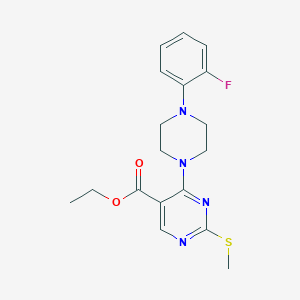 molecular formula C18H21FN4O2S B2360932 Ethyl 4-[4-(2-fluorophenyl)piperazino]-2-(methylsulfanyl)-5-pyrimidinecarboxylate CAS No. 339019-52-2