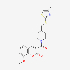 molecular formula C21H22N2O4S2 B2360976 8-methoxy-3-(4-(((4-methylthiazol-2-yl)thio)methyl)piperidine-1-carbonyl)-2H-chromen-2-one CAS No. 1421444-79-2