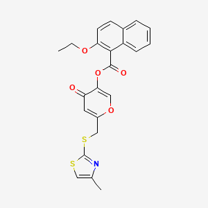 molecular formula C23H19NO5S2 B2361011 6-(((4-methylthiazol-2-yl)thio)methyl)-4-oxo-4H-pyran-3-yl 2-ethoxy-1-naphthoate CAS No. 896305-39-8