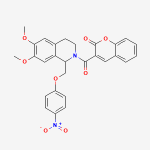 molecular formula C28H24N2O8 B2361130 3-[6,7-dimethoxy-1-[(4-nitrophenoxy)methyl]-3,4-dihydro-1H-isoquinoline-2-carbonyl]chromen-2-one CAS No. 422534-00-7