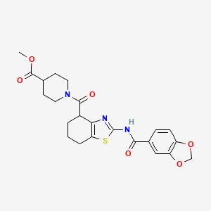 molecular formula C23H25N3O6S B2361187 1-(2-(ベンゾ[d][1,3]ジオキソール-5-カルボキサミド)-4,5,6,7-テトラヒドロベンゾ[d]チアゾール-4-カルボニル)ピペリジン-4-カルボン酸メチル CAS No. 955735-15-6