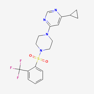 molecular formula C18H19F3N4O2S B2361321 4-Cyclopropyl-6-(4-((2-(trifluoromethyl)phenyl)sulfonyl)piperazin-1-yl)pyrimidine CAS No. 1797957-91-5