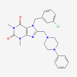 molecular formula C25H27ClN6O2 B2361325 7-[(3-Chlorophenyl)methyl]-1,3-dimethyl-8-[(4-phenylpiperazin-1-yl)methyl]purine-2,6-dione CAS No. 851940-05-1