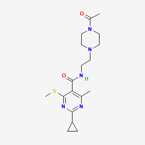 molecular formula C18H27N5O2S B2361541 N-[2-(4-acetylpiperazin-1-yl)ethyl]-2-cyclopropyl-4-methyl-6-(methylsulfanyl)pyrimidine-5-carboxamide CAS No. 1376270-63-1