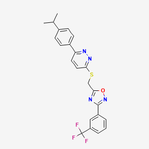 molecular formula C23H19F3N4OS B2361743 3-(4-Isopropylphenyl)-6-[({3-[3-(trifluoromethyl)phenyl]-1,2,4-oxadiazol-5-yl}methyl)thio]pyridazine CAS No. 1114915-43-3