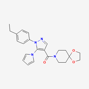 molecular formula C23H26N4O3 B2361799 (1-(4-ethylphenyl)-5-(1H-pyrrol-1-yl)-1H-pyrazol-4-yl)(1,4-dioxa-8-azaspiro[4.5]decan-8-yl)methanone CAS No. 1206984-67-9